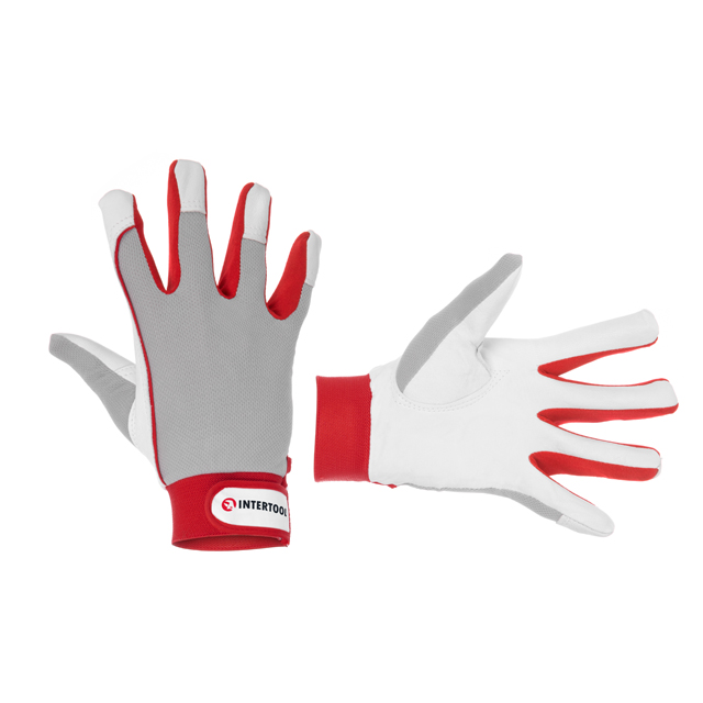 Рукавичка шкіряна, комбінована, 10", з високоякісної козячої шкіри і тканини, еластичний манжет на липучці INTERTOOL